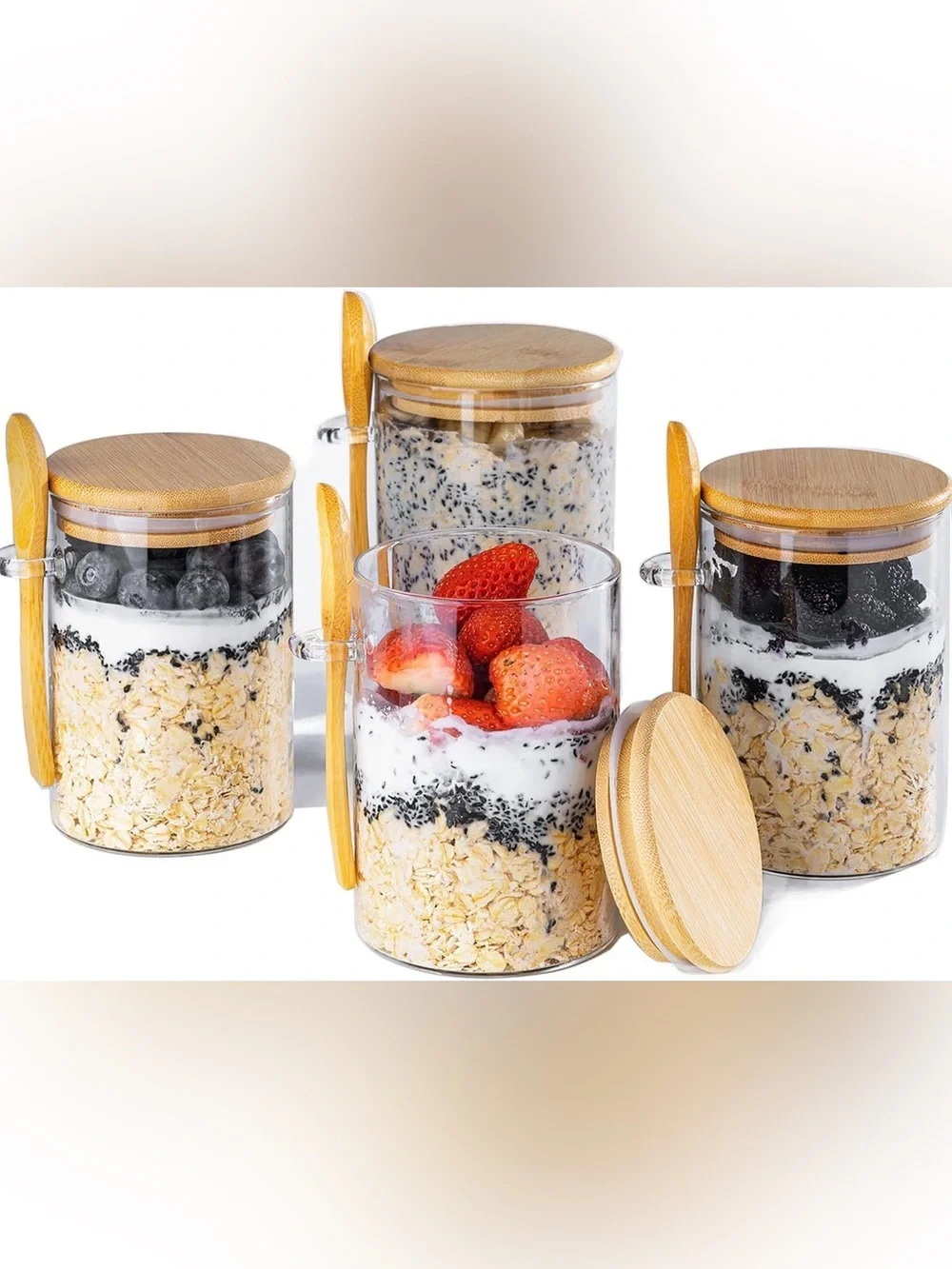 Bamboo Lid Glass Breakfast Jar with Spoons - Clear 4 pack 16 oz each